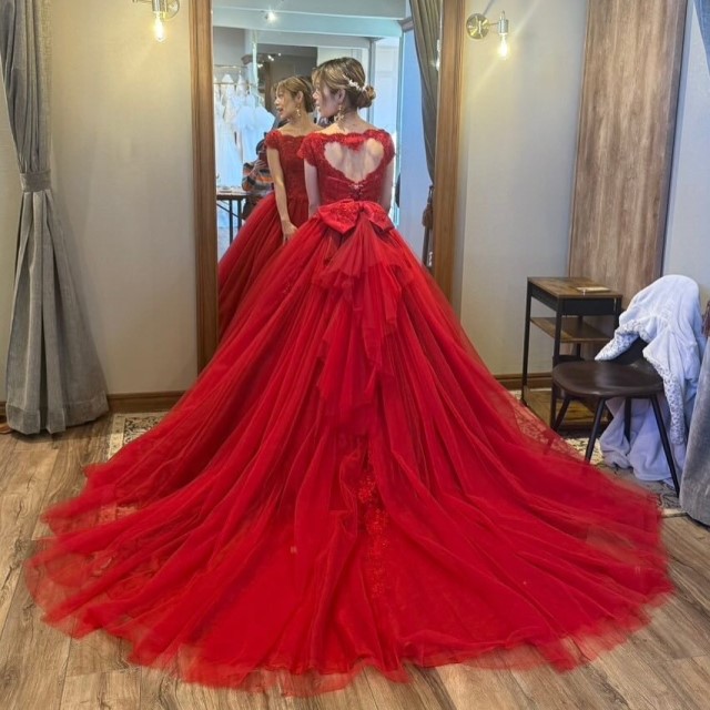 カラードレス 赤 2way 結婚式 グリッター チュール 赤 ブーケ ブートニア 赤 カラードレス Vネック キラキラグリッターチュール 背中見せ