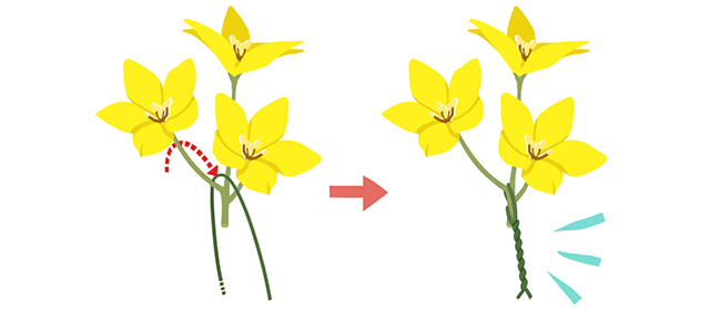 造花の茎に細い針金を巻き付ける図