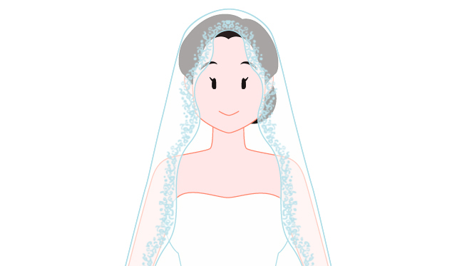 裾に装飾があり頬にかかるベールをつけた顔型がベース型の女性