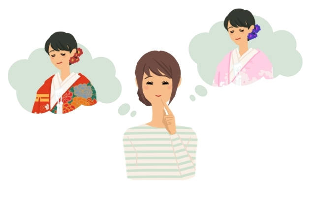 赤とピンクの色打掛で迷う女性