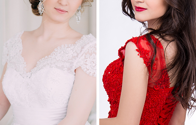 白いウェディングドレスと赤いカラードレス