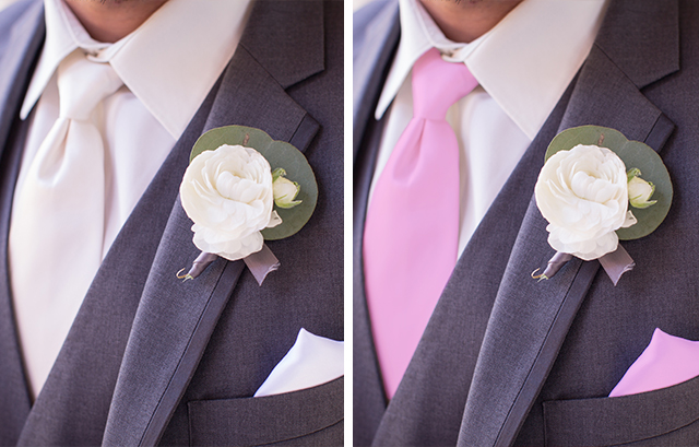 白いネクタイ・ポケットチーフとピンクのネクタイ・ポケットチーフのコーディネート例