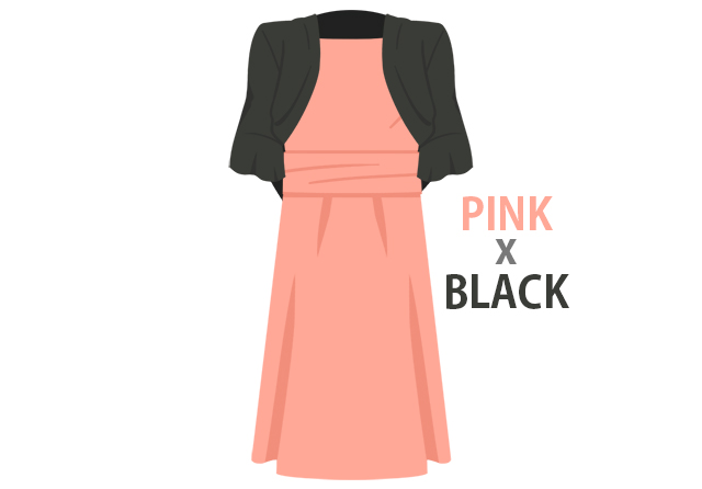 サーモンピンクのドレスと黒ボレロを合わせたコーディネート