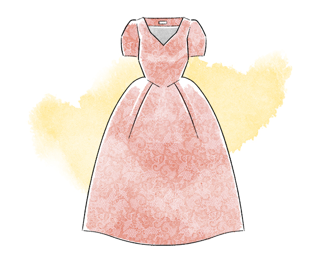 トップストスカートが繋がったデザインの、サーモンピンクのワンピースまたはドレス
