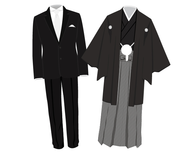 ブラックスーツと紋付羽織袴