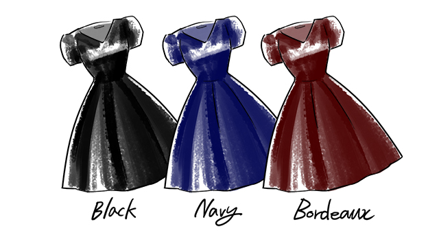 ブラック、ネイビー、ボルドーといった深みのあるカラーのドレス