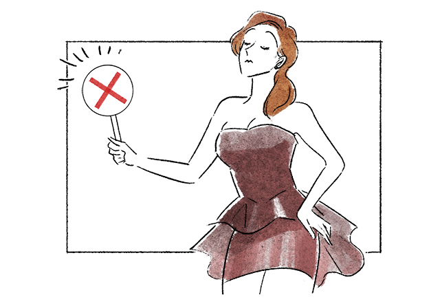 スカート丈が短すぎるドレスを着た女性にバツ印