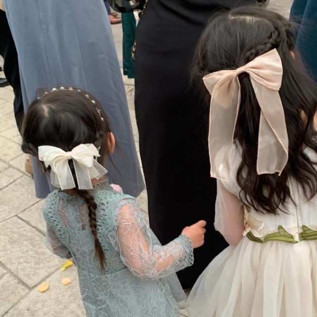 後ろで三つ編みをしたまとめ髪の女の子とダウンスタイルの女の子