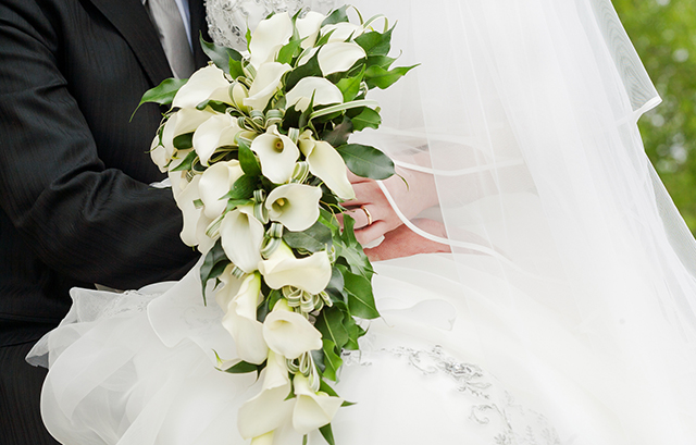 白いカラーのブーケを持つ花嫁