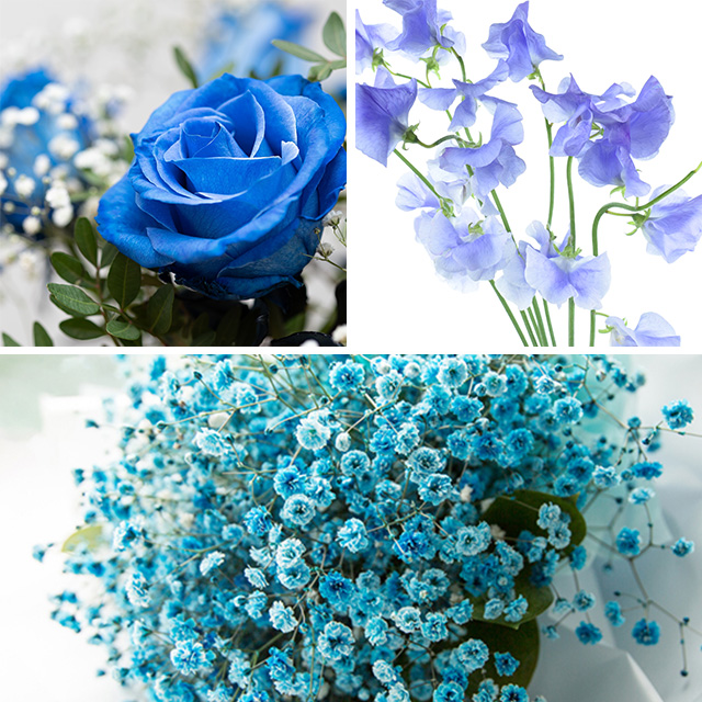 青い　バラ、カスミソウ、スイートピー