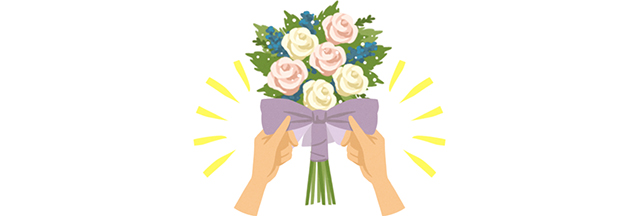 ブーケを束ねるリボンを結んでいる様子