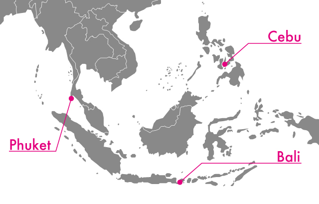東南アジアのバリ島、セブ島、プーケット島の位置