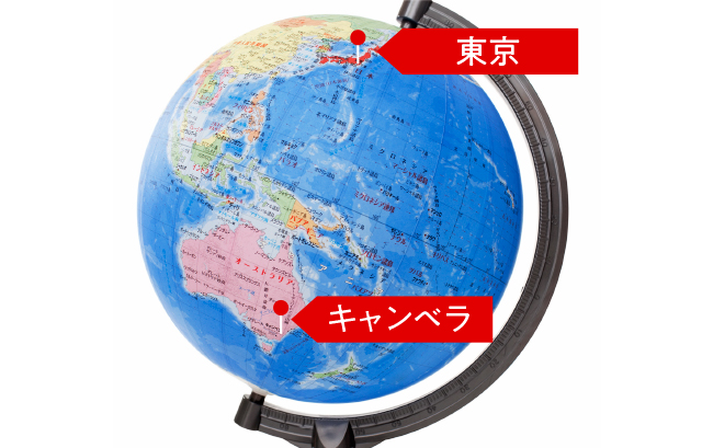 東京とキャンベラの位置を示した地球儀